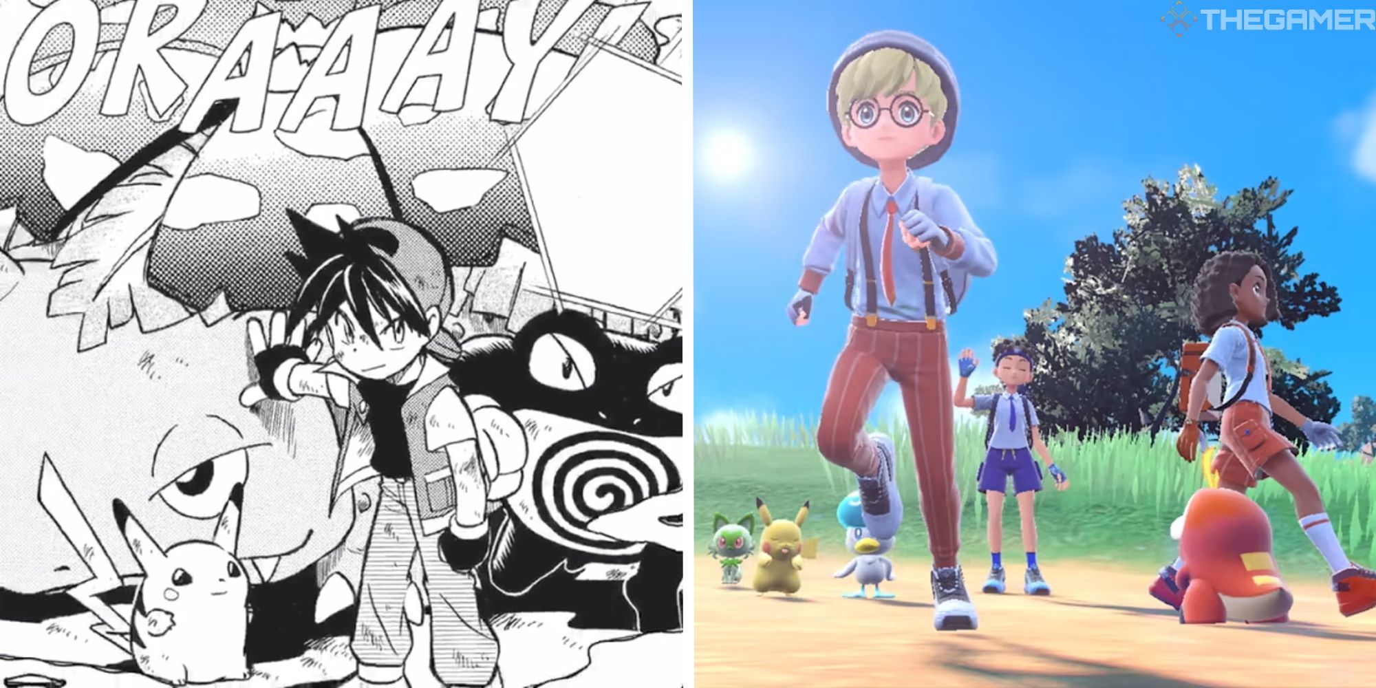 split image showing pokemon manga vs game