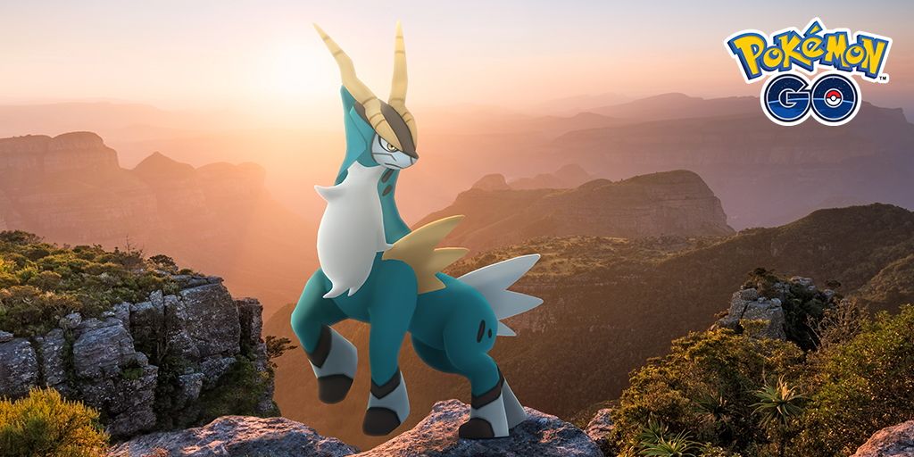 Image of Cobalion from Pokemon standing on a cliffside, with the Pokemon Go logo in the corner