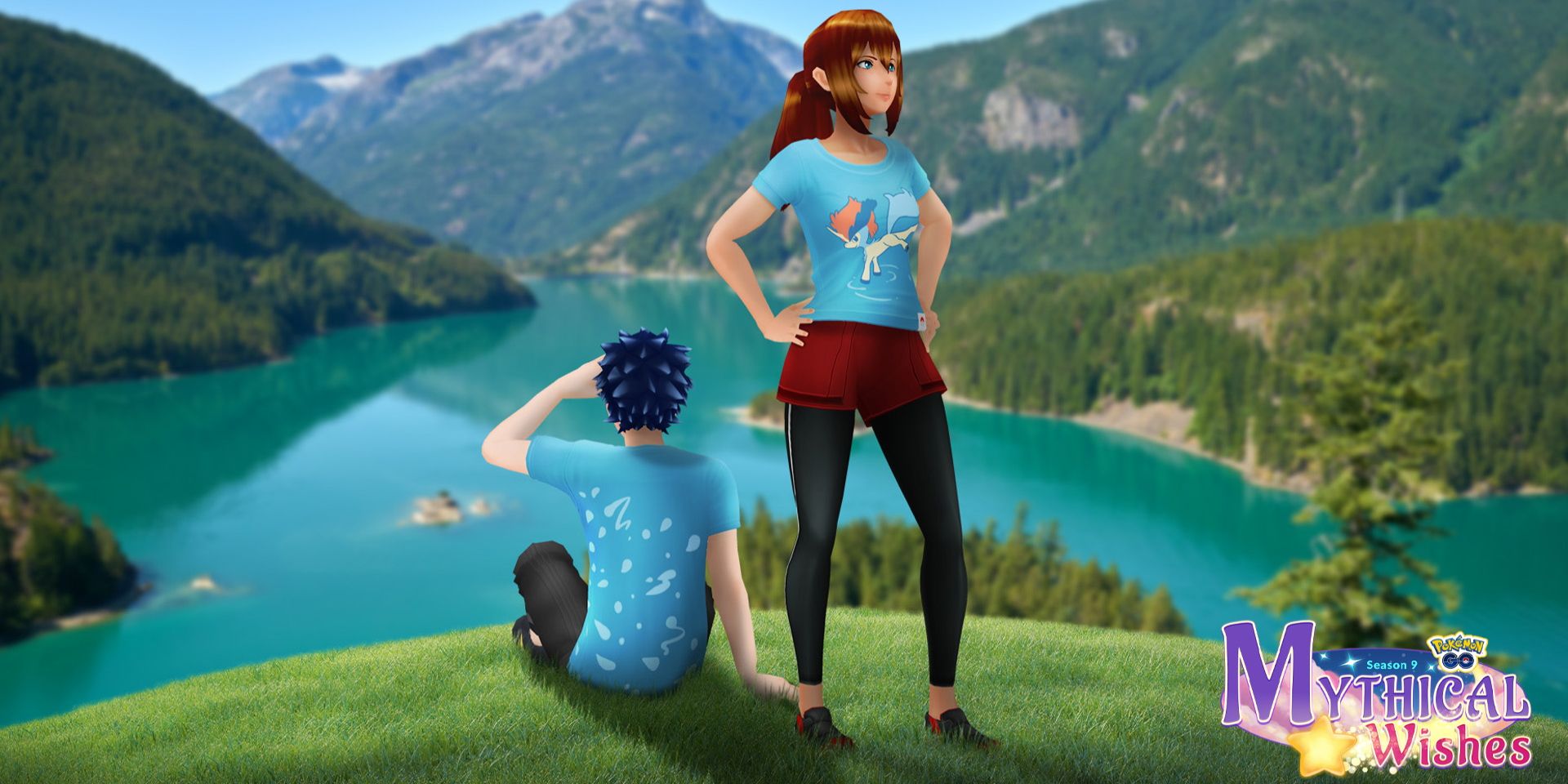 Two Trainers in Keldeo Shirts with a large body of water and islands in the background