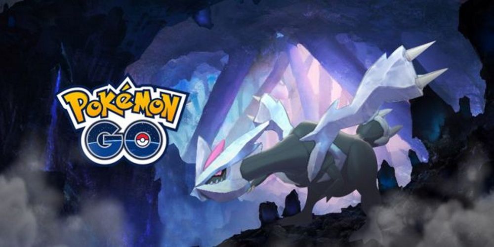 Image of Kyurem standing in a cavern with the Pokemon Go logo on the left