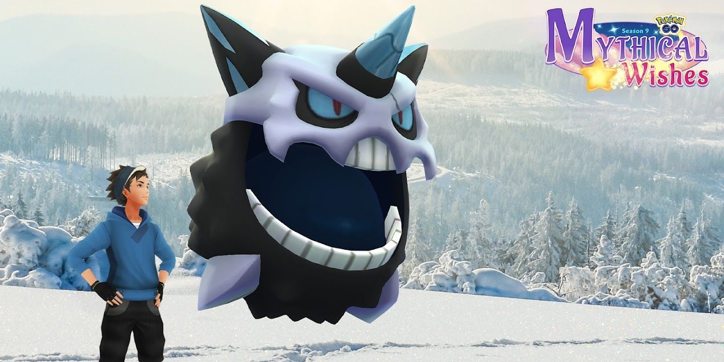 A Pokemon Trainer next to Mega Glalie with snow-covered terrain as the background