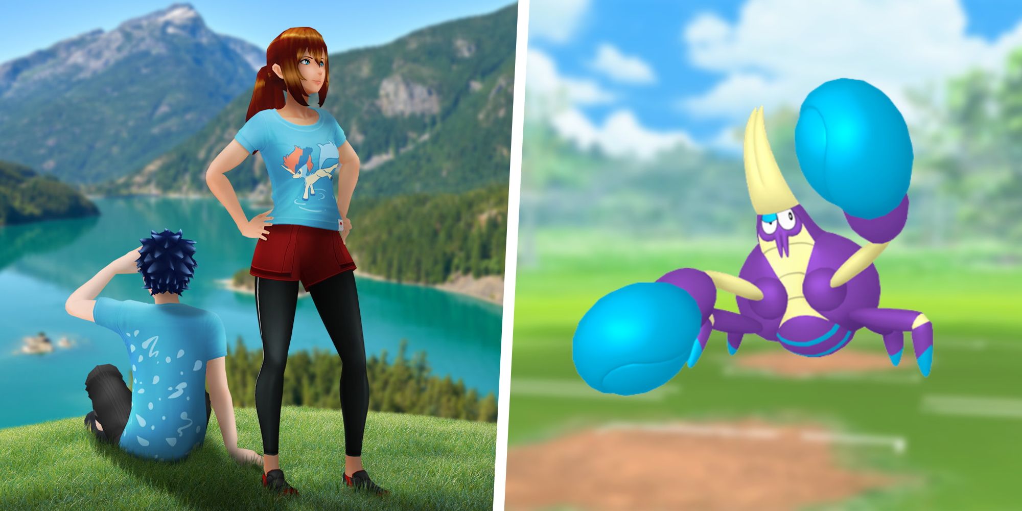 Image of two Pokemon Go Trainers wearing Keldeo shirts split with an image of Crabrawler