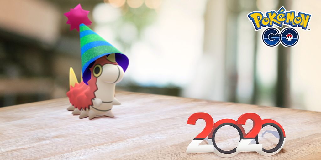 Wurmple wearing a party hat with the Pokemon Go logo and "2020" on the right