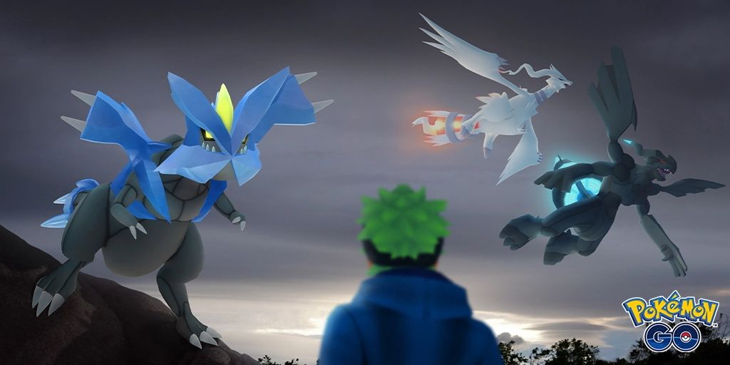 Image of a Pokemon Go Trainer looking at Kyurem, Reshiram, and Zekrom in the sky