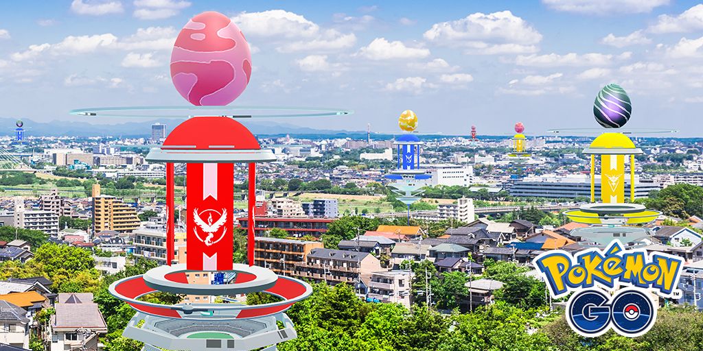Several Pokemon Go Raids throughout a crowded city with the Pokemon Go logo in the corner