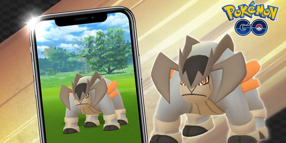 A picture of Terrakion in Pokemon Go on a phone next to Terrakion with the Pokemon Go logo above