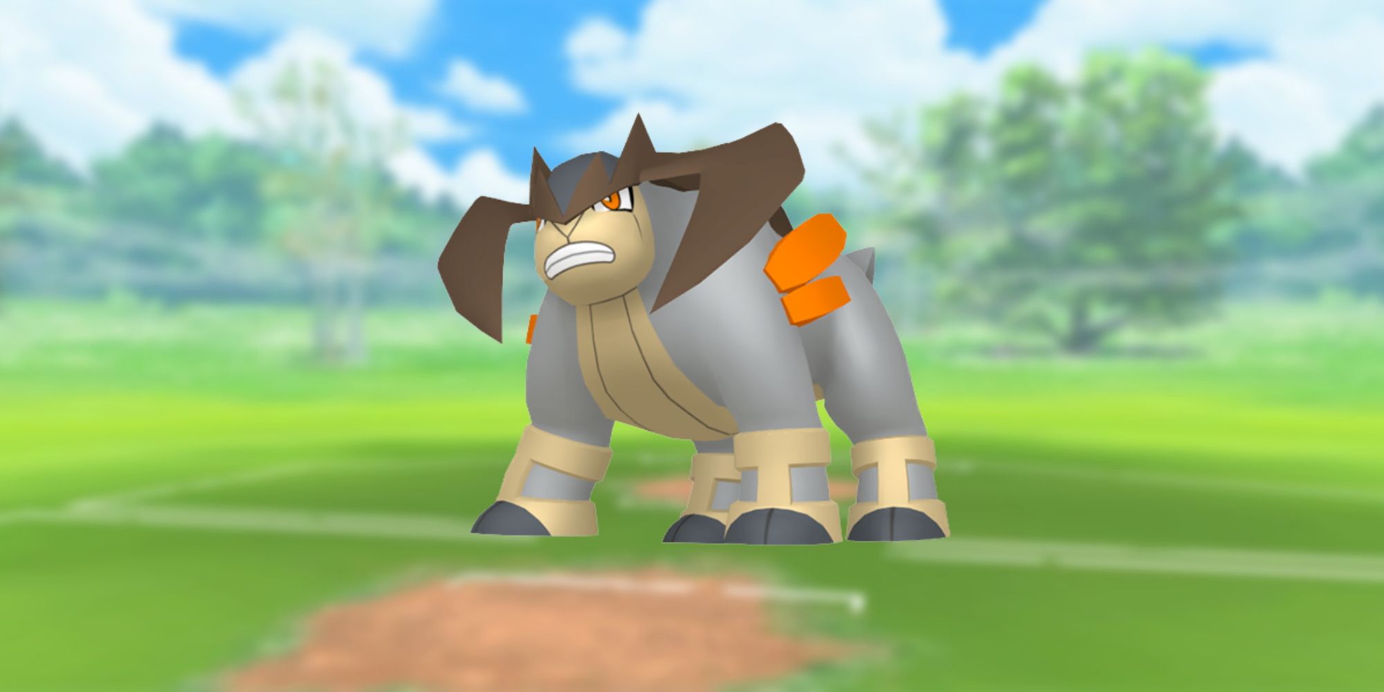 Terrakion from Pokemon with the Pokemon Go battlefield as the background