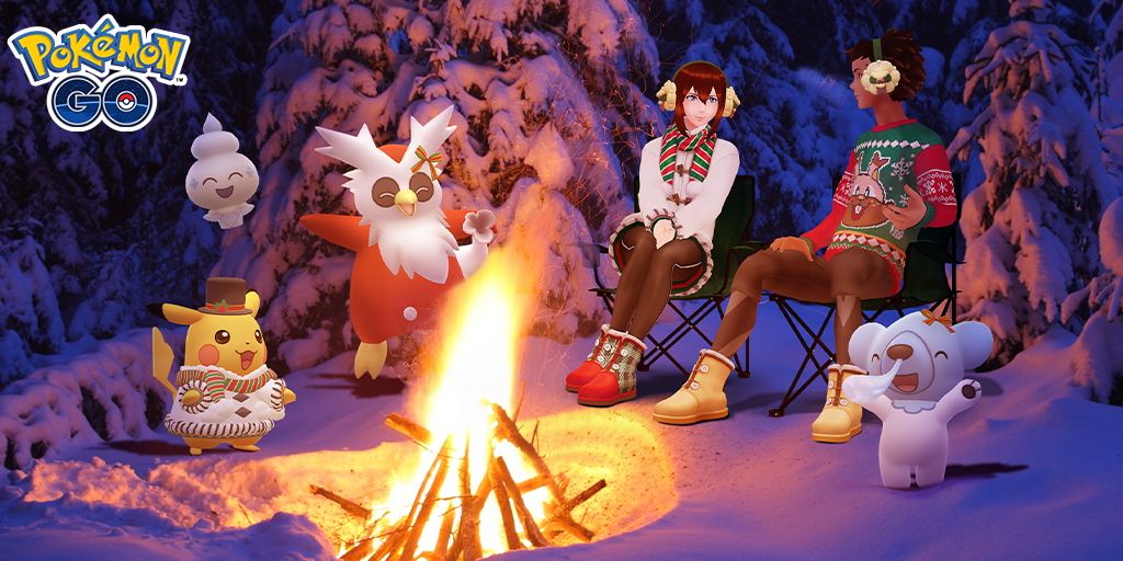 Vier verschiedene Pokémon mit Wintermotiven und zwei Pokemon Go-Trainer am Lagerfeuer