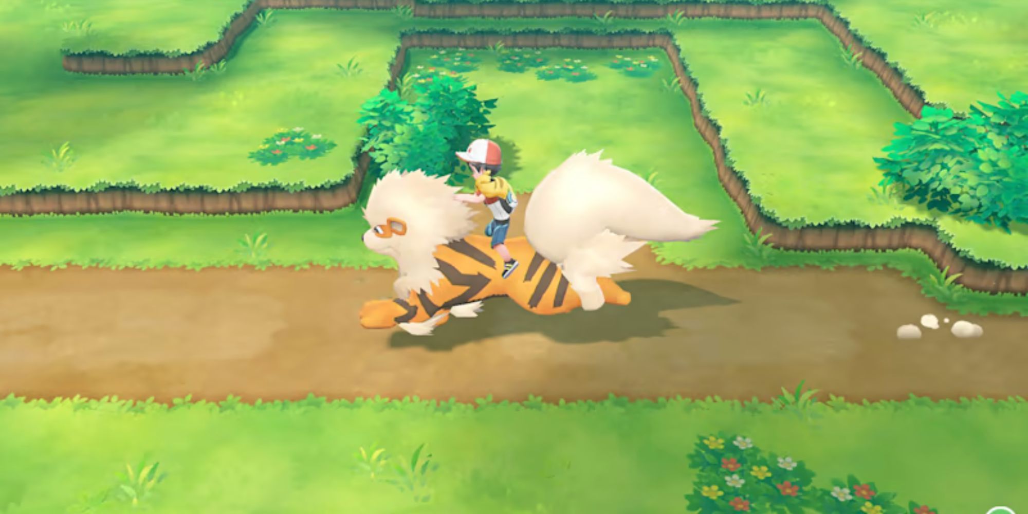 A Pokemon trainer rides a Arcanine down a route