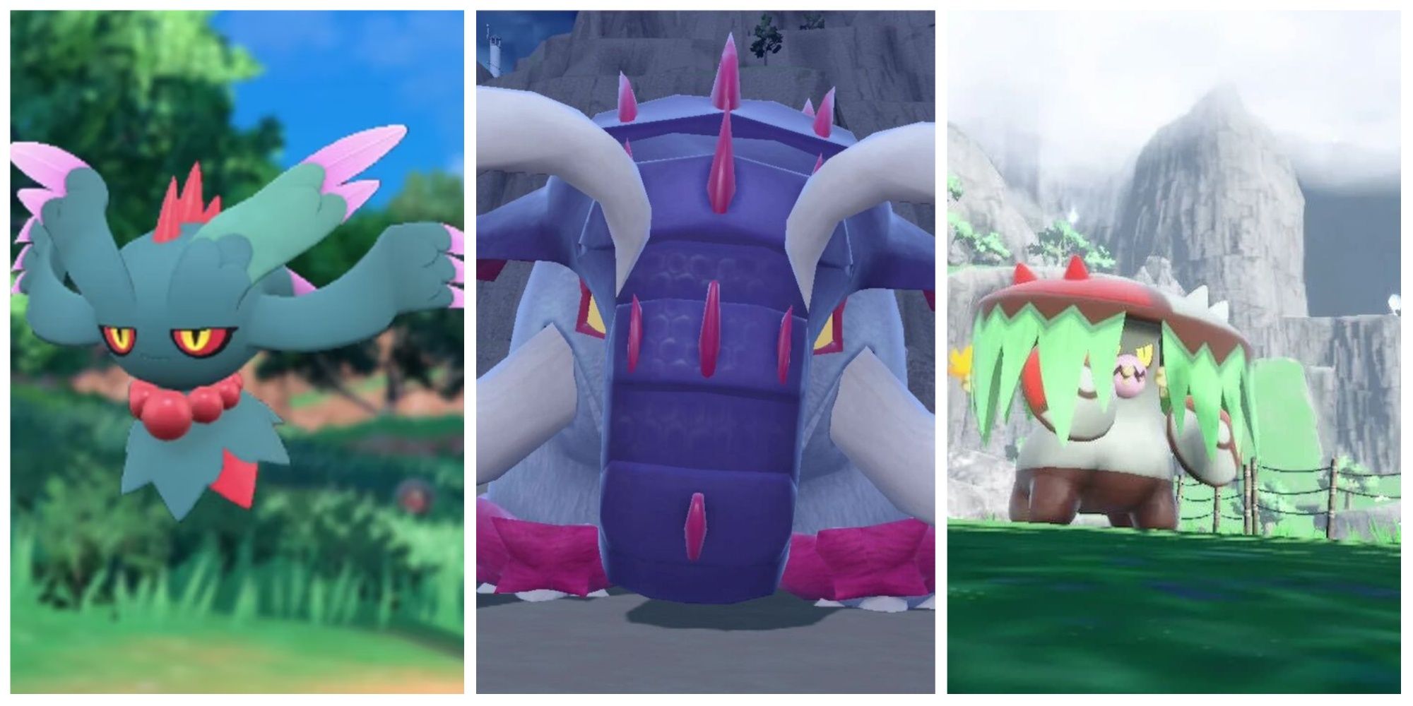 Pokemon Scarlet collage of Flutter Mane (left), Great Tusk (center) and Brute Bonnet (right)