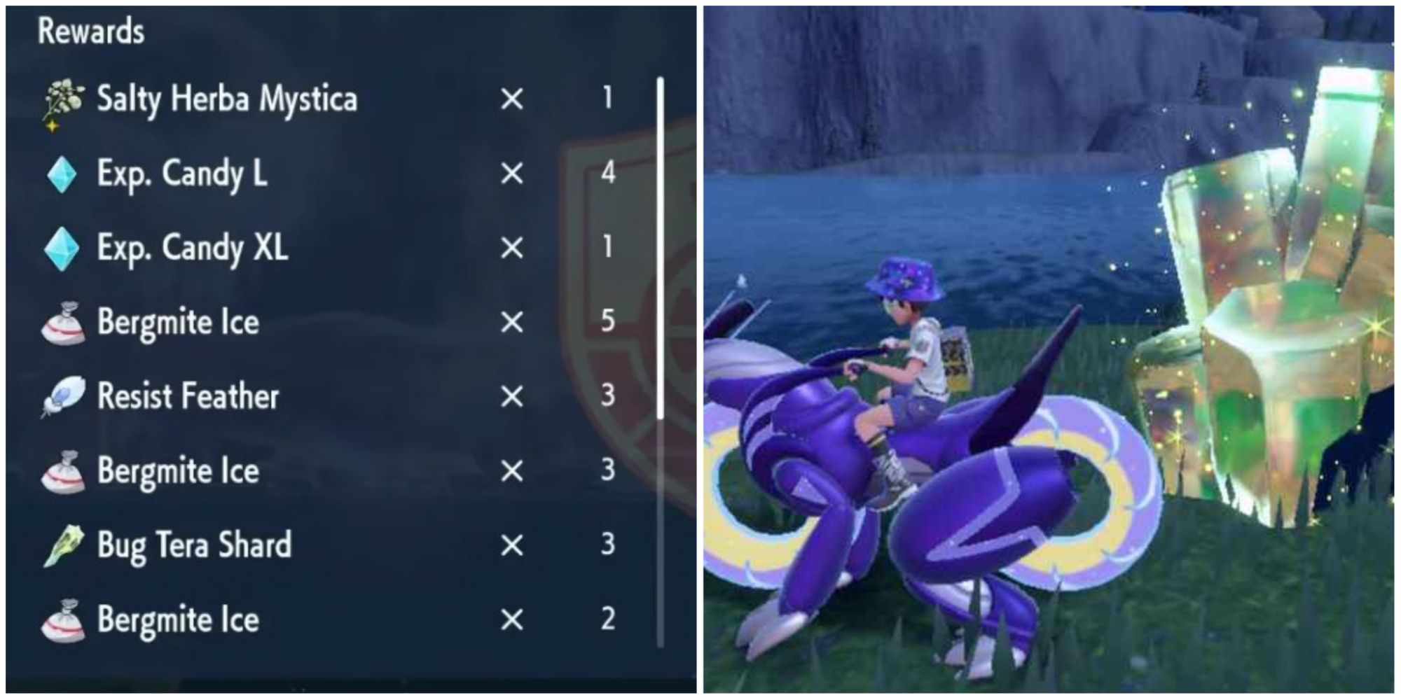 A split image of Tera Raid rewards and a Miraidon with its trainer beside a Tera Crystal in Pokemon Scarlet & Violet.