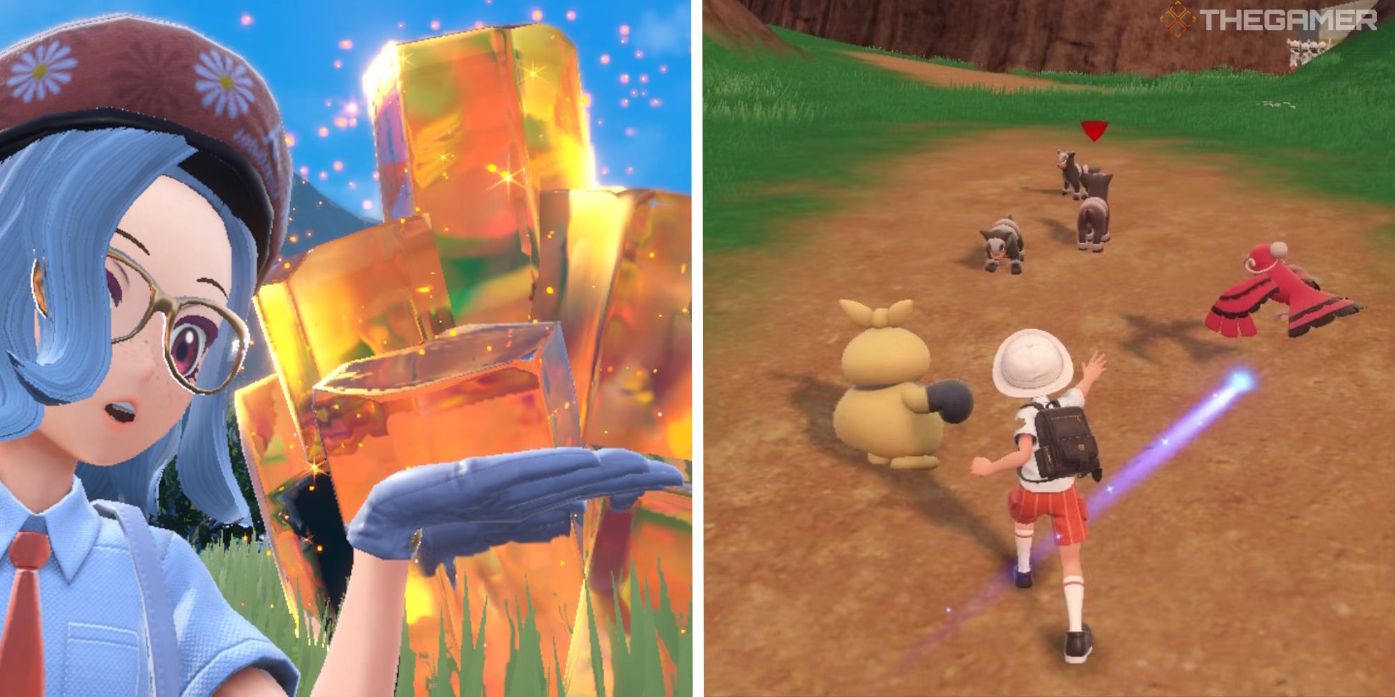 split image showing player at raid battle next to image of player auto-battling