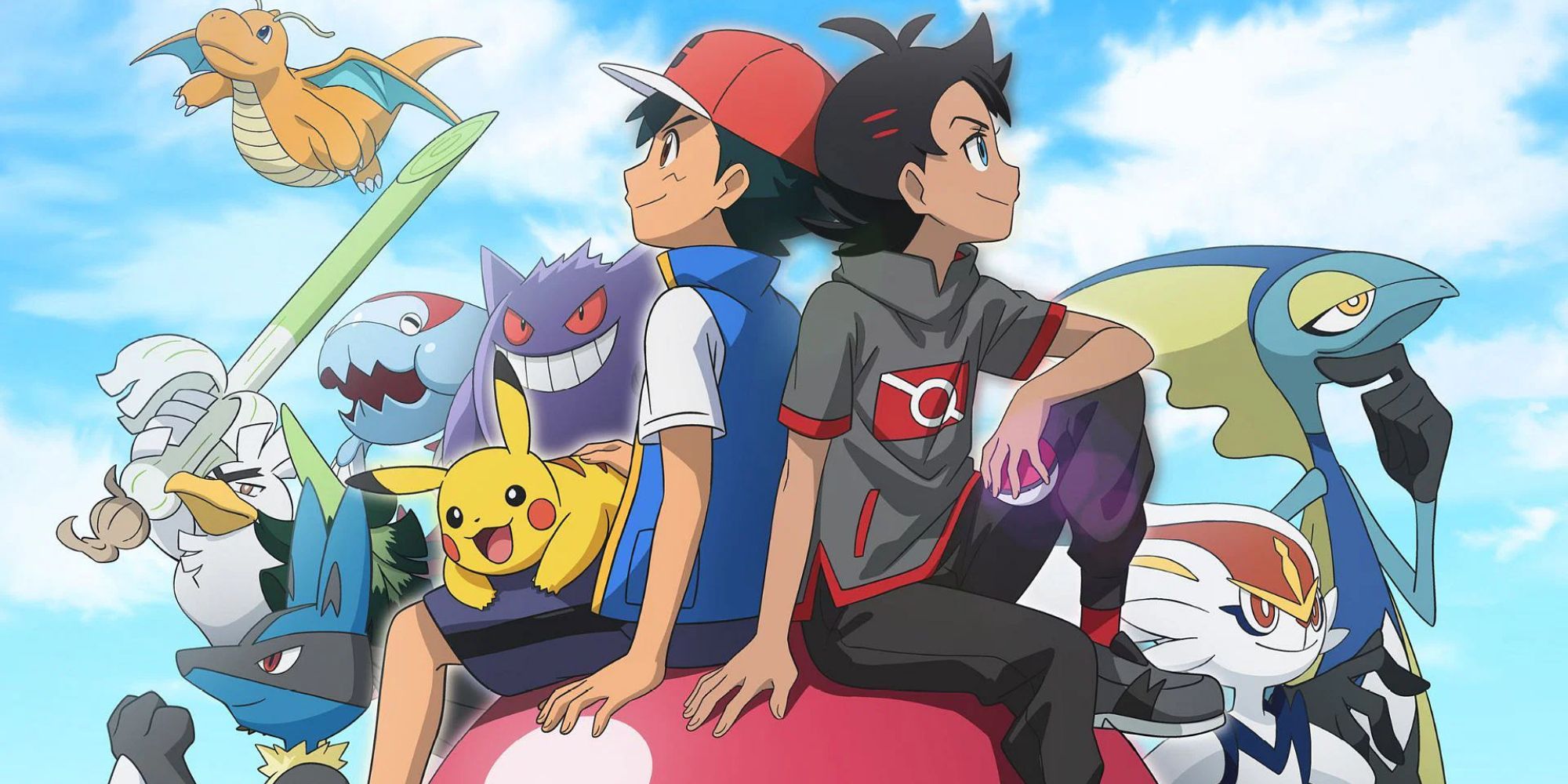 Ash and Goh sat on a large Pokeball surrounded by Pokemon