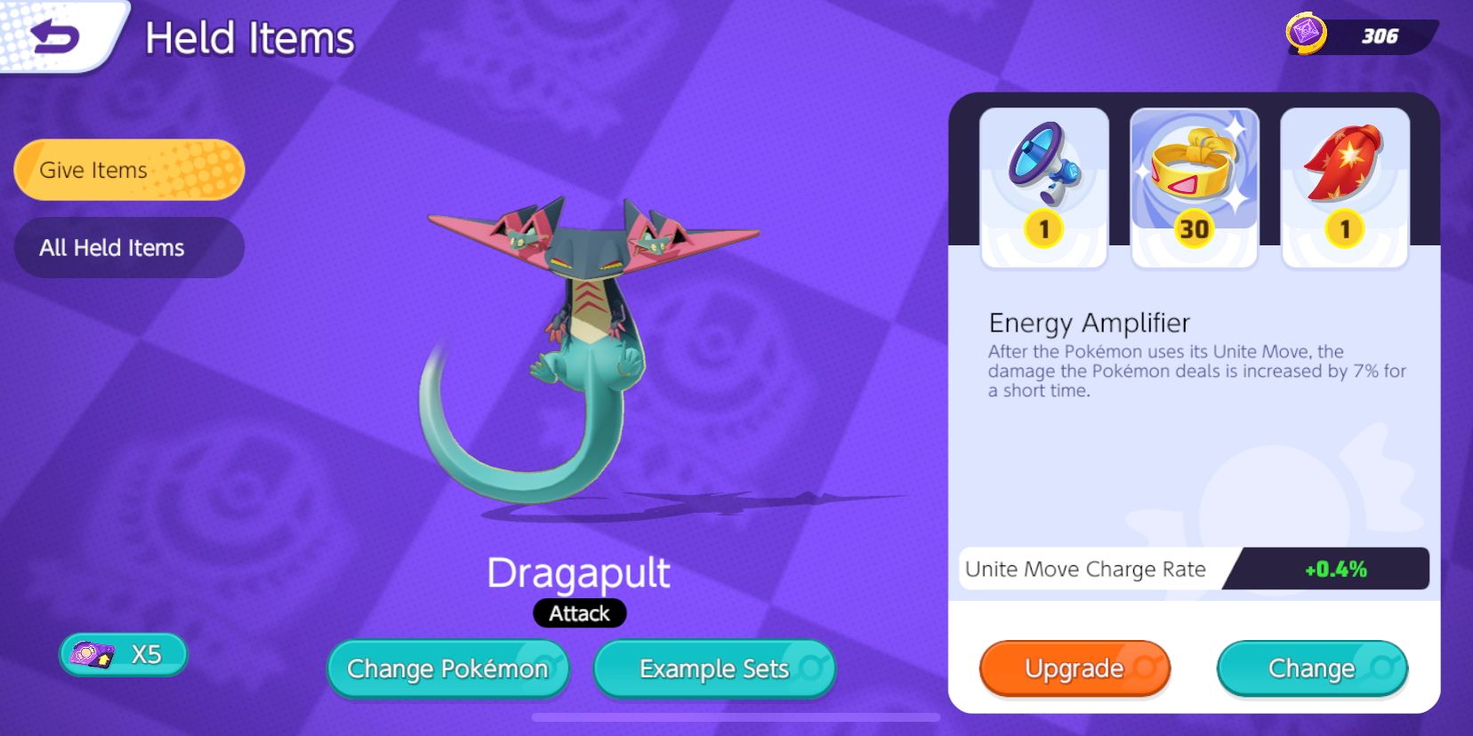 Dragapult Held Item selection screen from Pokemon Unite, with Energy Amp, Muscle Band, and Rapid Fire Scarf