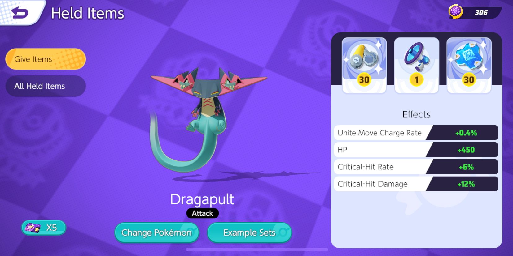 Dragapult Held Item selection screen from Pokemon Unite, with Scope Lens, Energy Amp and Buddy Barrier