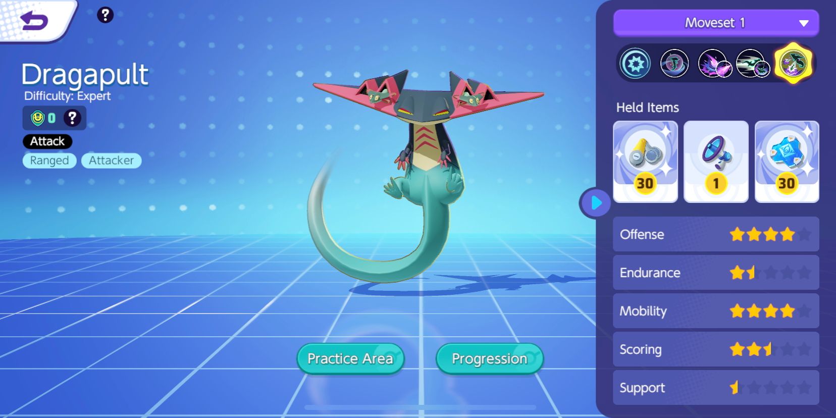 Dragapult from the Pokemon Unite Pokemon selection screen, showing its stats and Held Items
