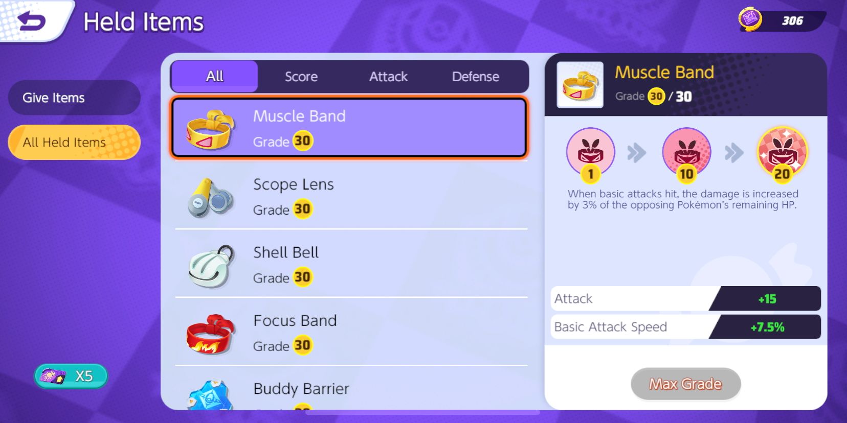 Held Item selection screen from Pokemon Unite, with Muscle Band selected