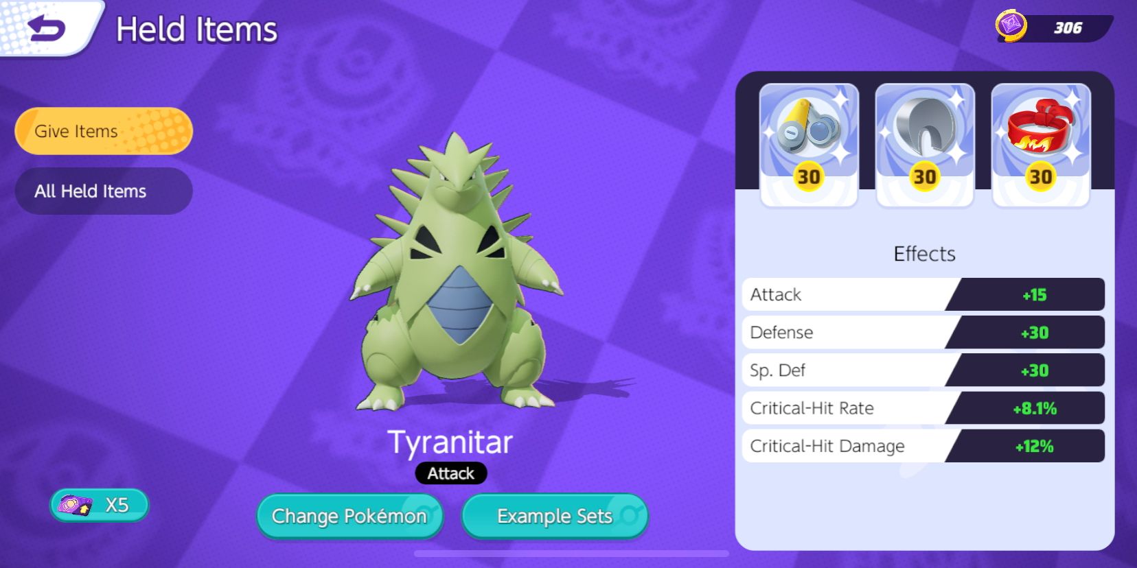 Tyranitar's Held Item selection screen showing its three Held Items and stats