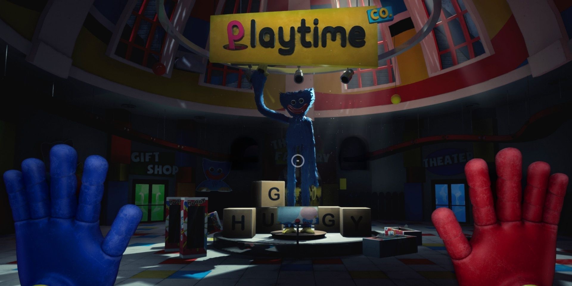 A Poppy standee pointing at a sign that says "Playtime Co" in Poppy Playtime