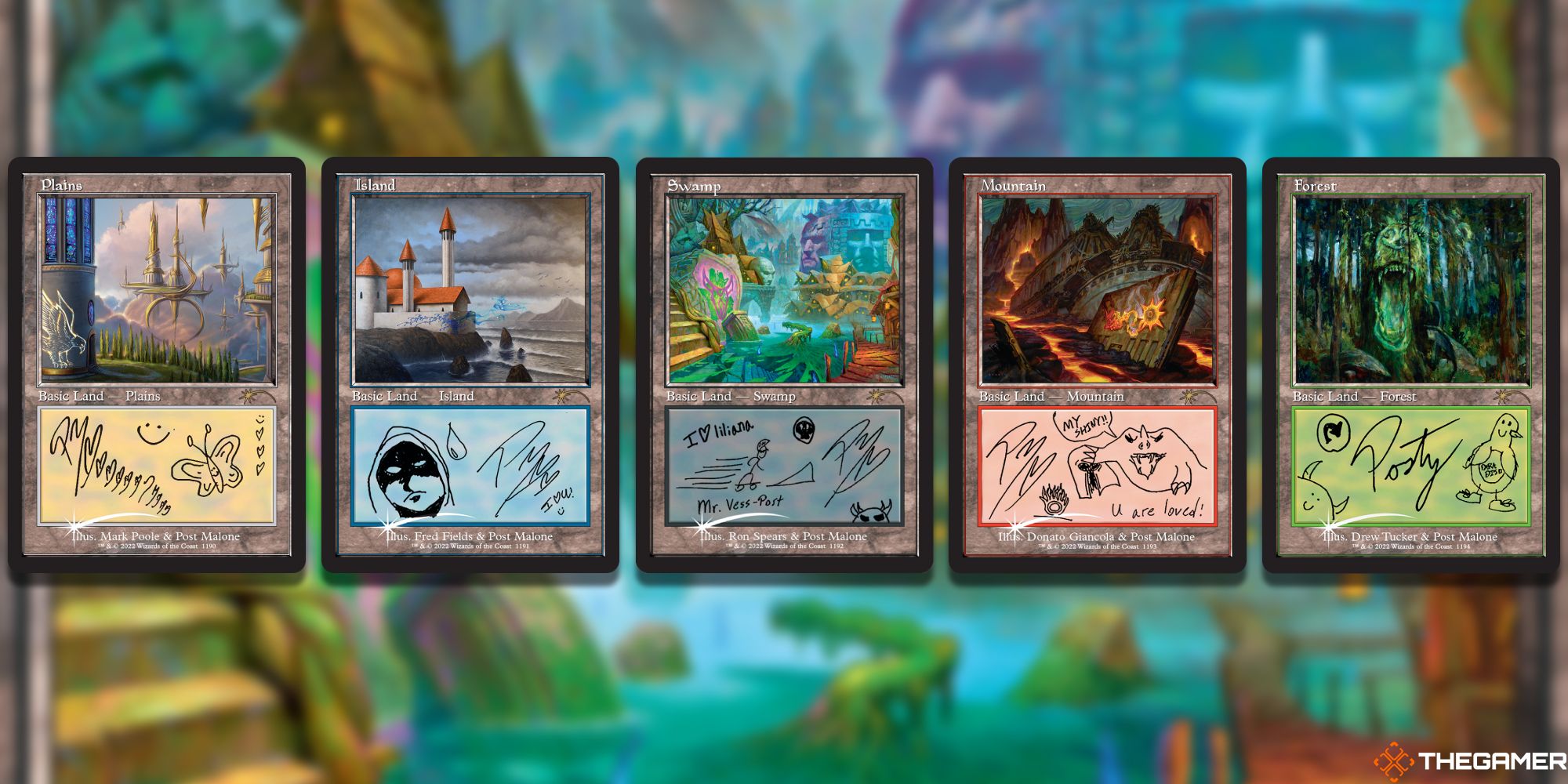 The five basic lands created as part of the Post Malone: The Lands Secret Lair drop.
