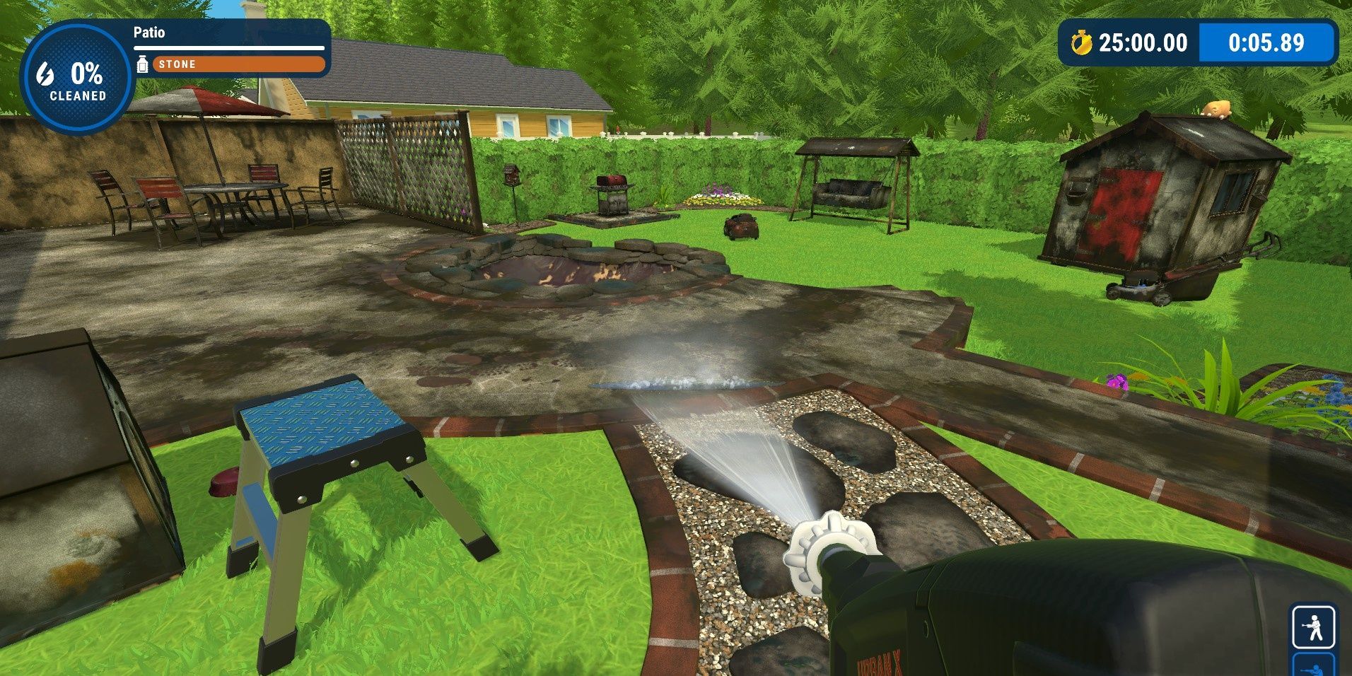 Cleaning the backyard during a time challenge in PowerWash Simulator