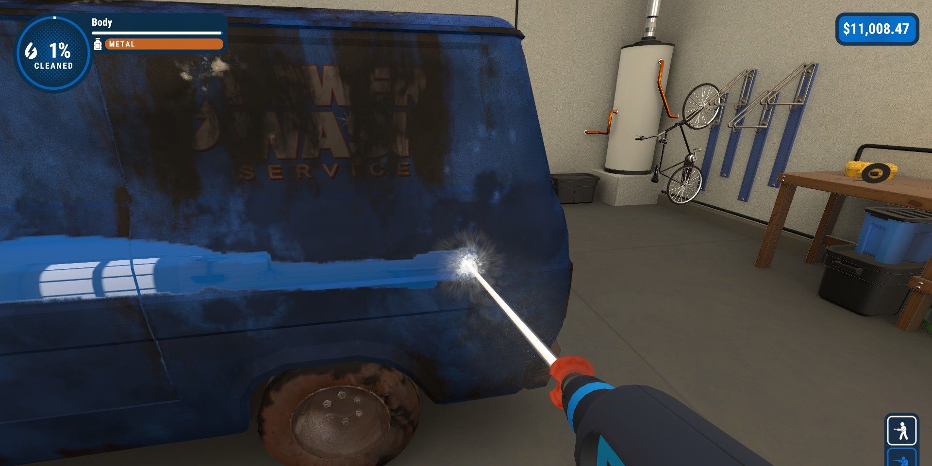 Cleaning the van with a red nozzle in PowerWash Simulator