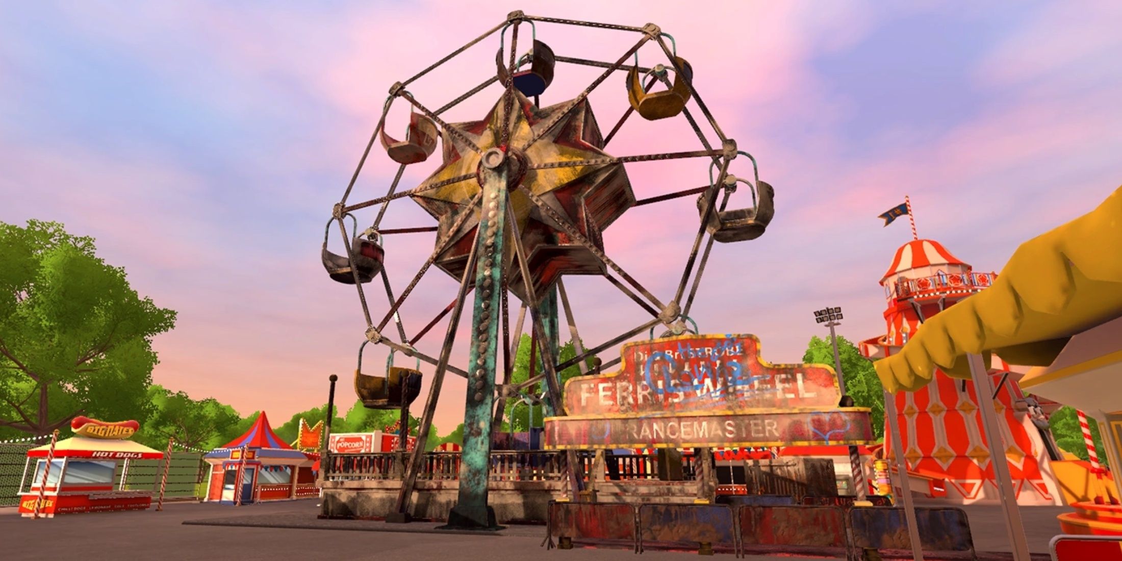 The filthy Ferris Wheel turns slowly in an empty theme park.