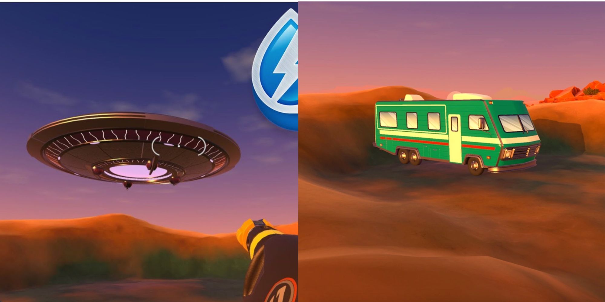 The UFO takes off on the left while it remains in its cloaked RV appearance on the right.