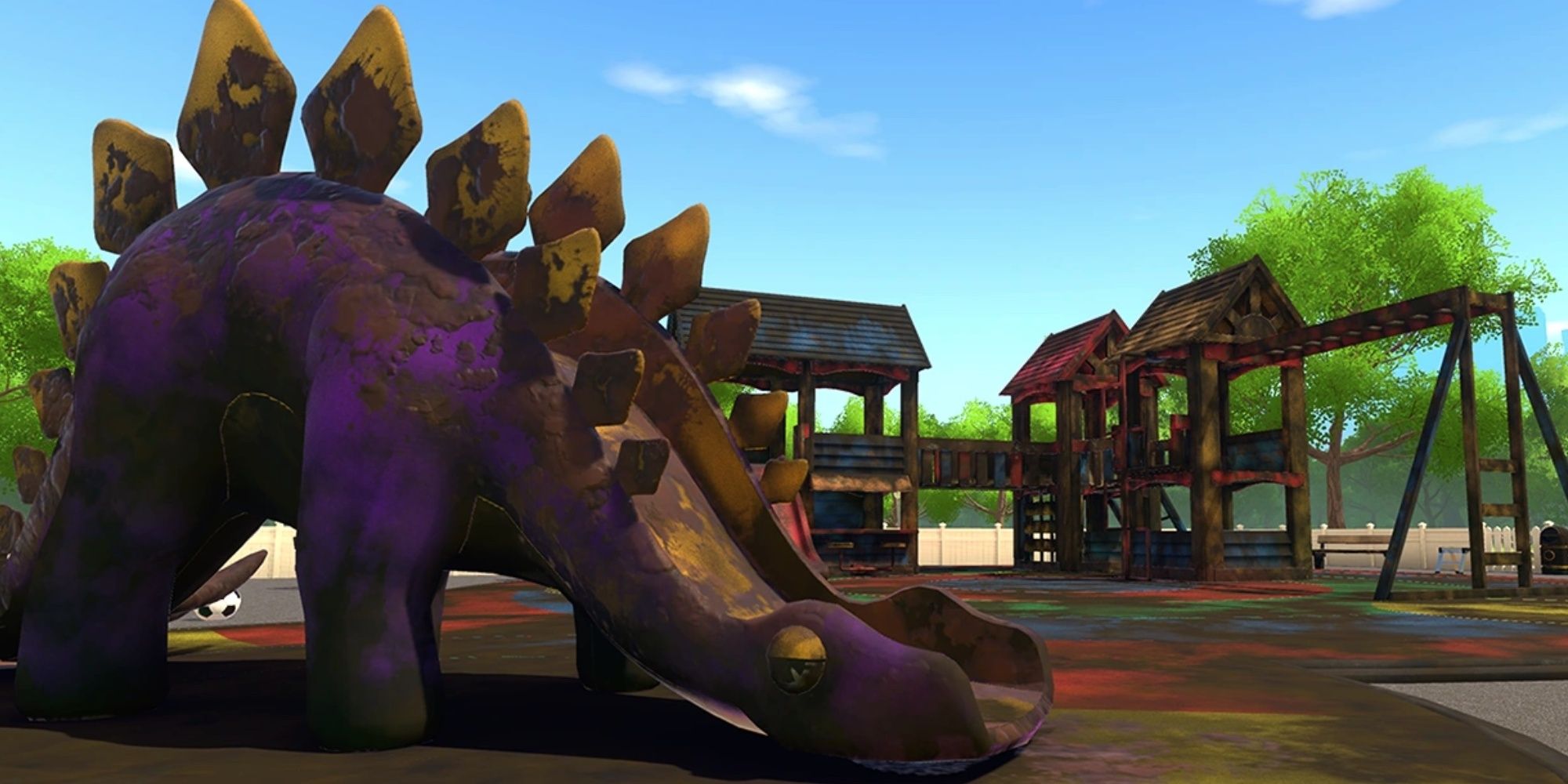 A dirty purple dinosaur at rest in The Playground.