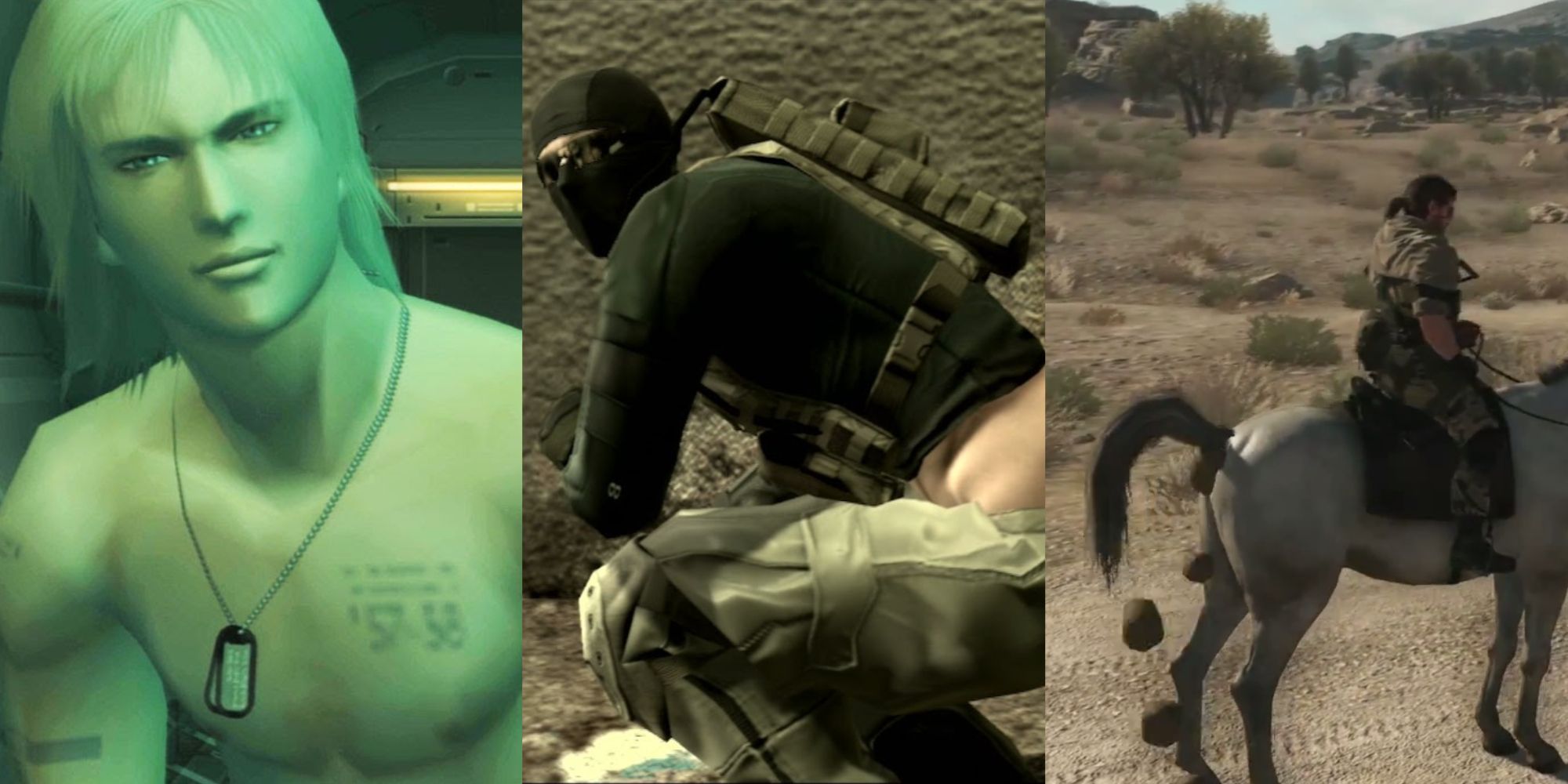 Metal Gear Solid series split image showing a Raiden, Johnny, and Big Boss on a horse.