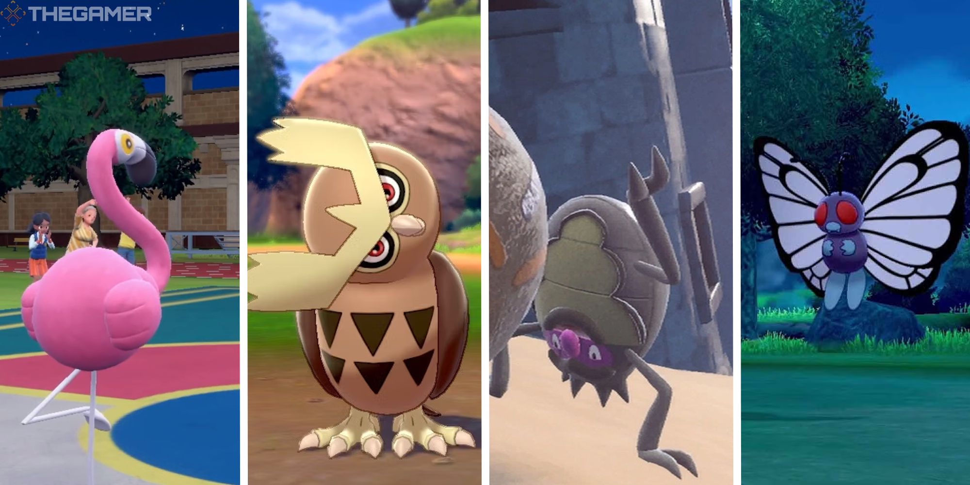 split image with flamigo, noctowl, rellor, and butterfree
