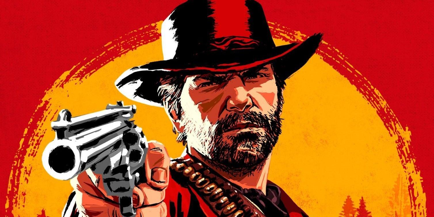 Red dead redemption 2 cover art featuring Arthur Morgan pointing a gun