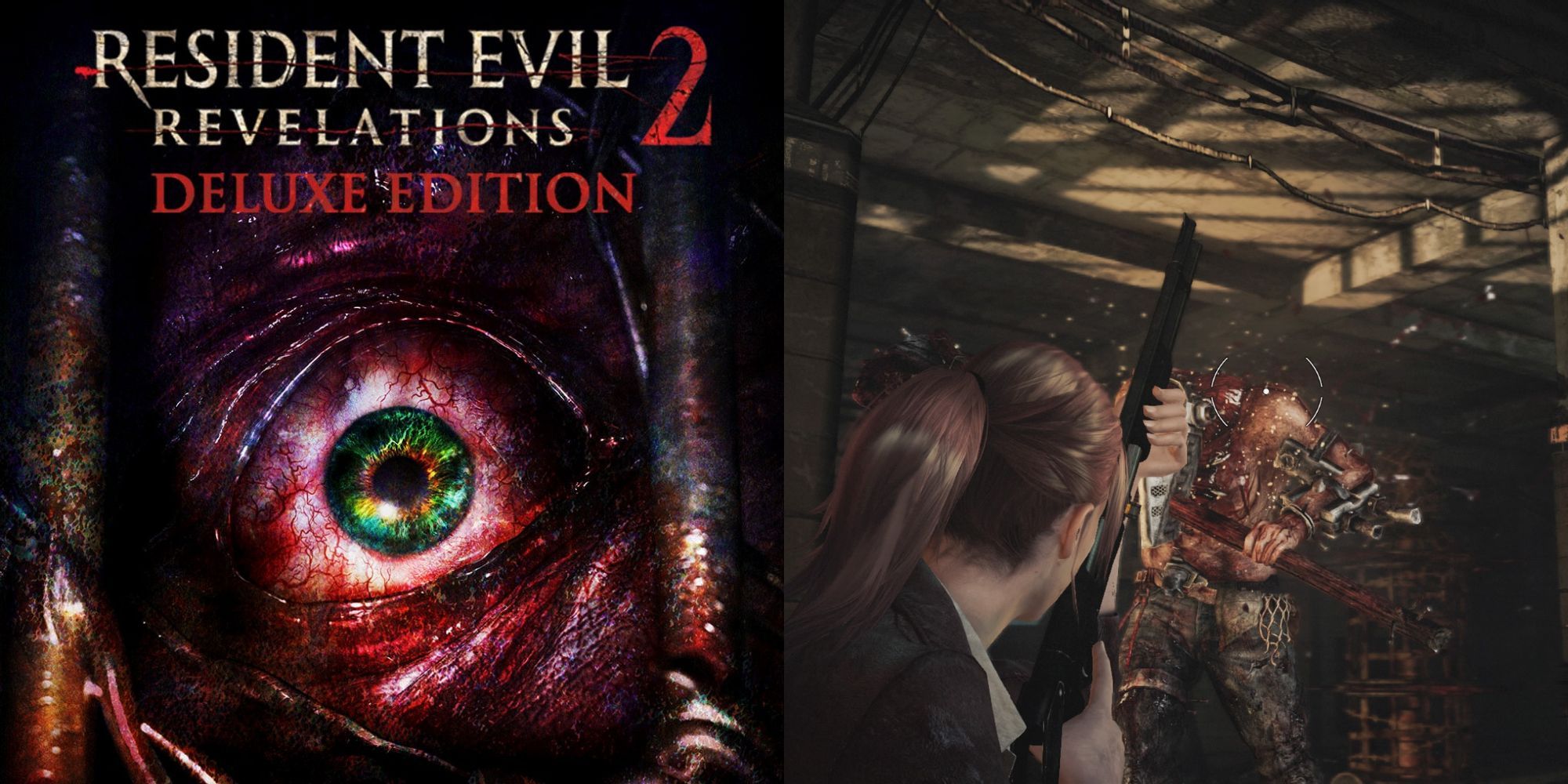 Resident evil revelations 2 cover art eye with in-game image of monster shot with shotgun