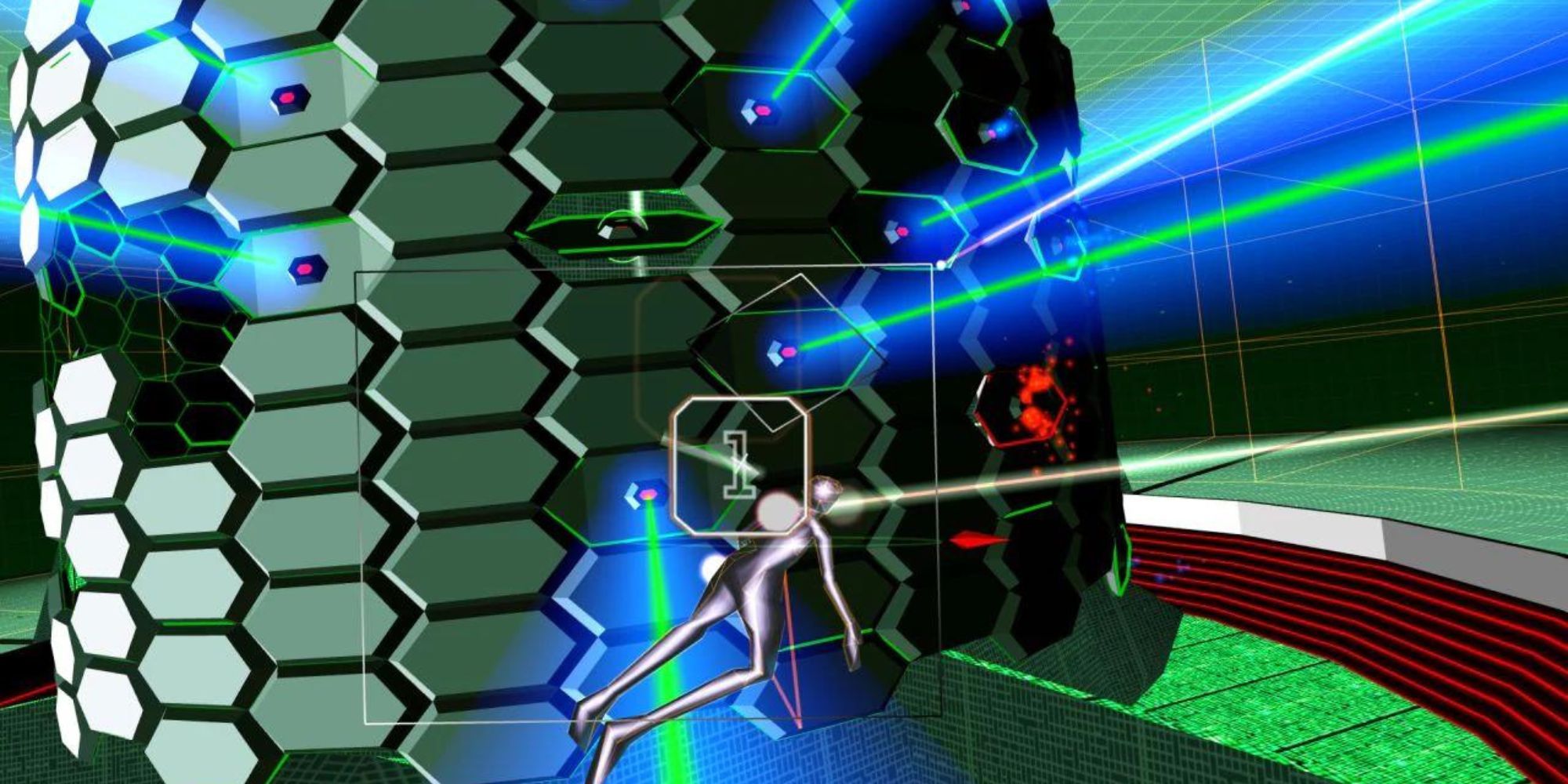 The main character glides past a machine shooting lasers