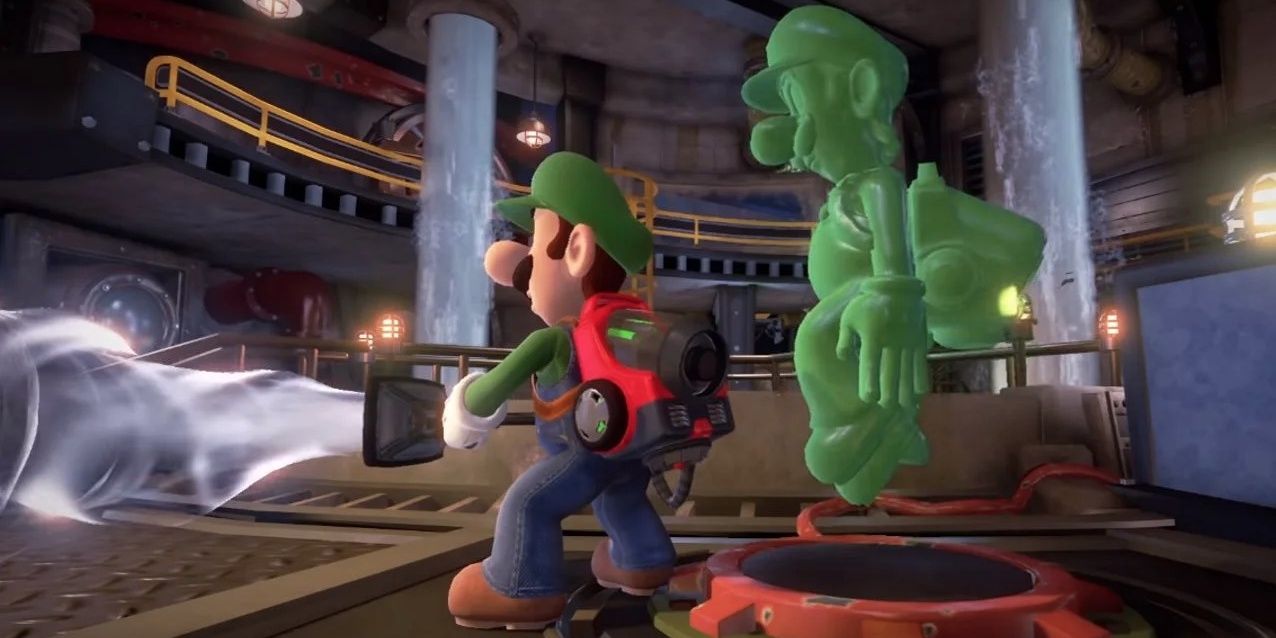Luigi uses the Poletergust while Gooigi levitates behind him