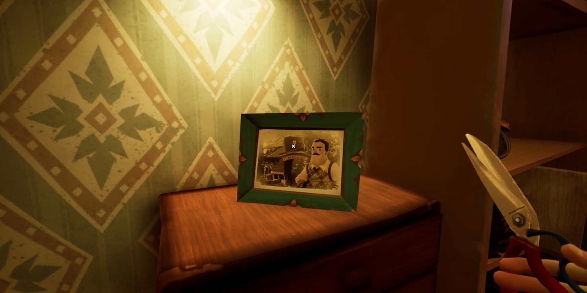 A player holding Scissors looks at a framed photo on a dresser in Hello Neighbor 2.