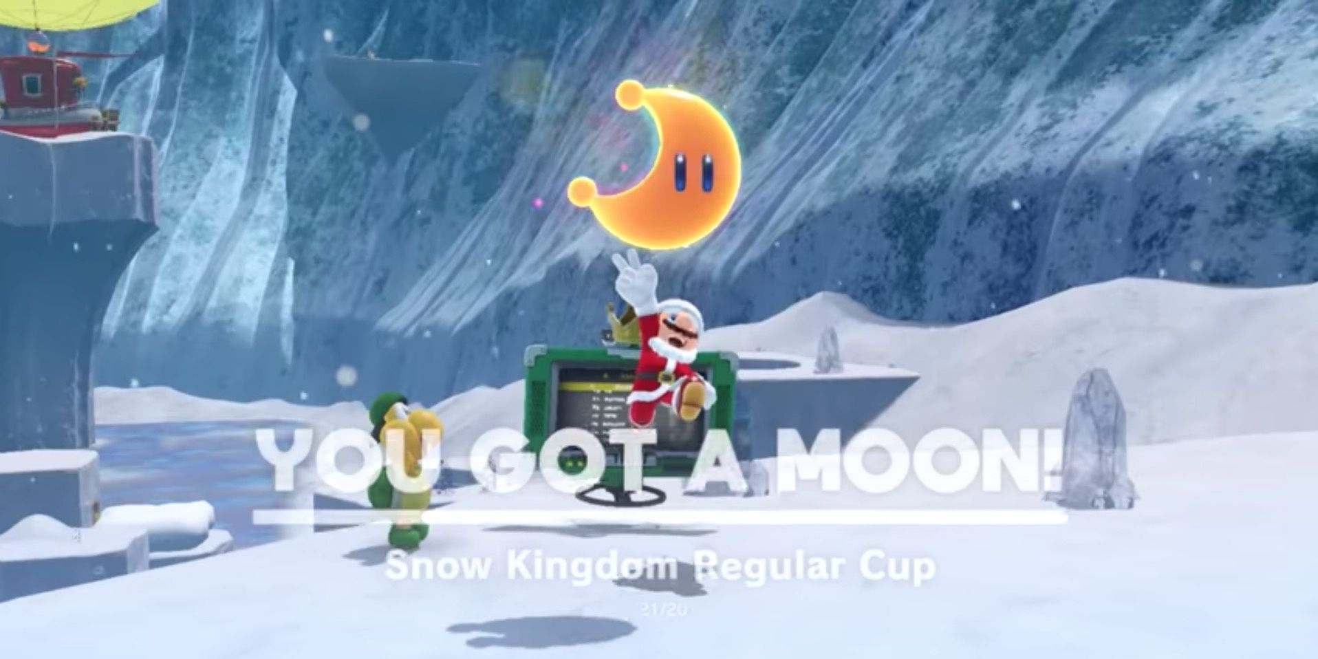 Mario dressed as Santa getting a moon