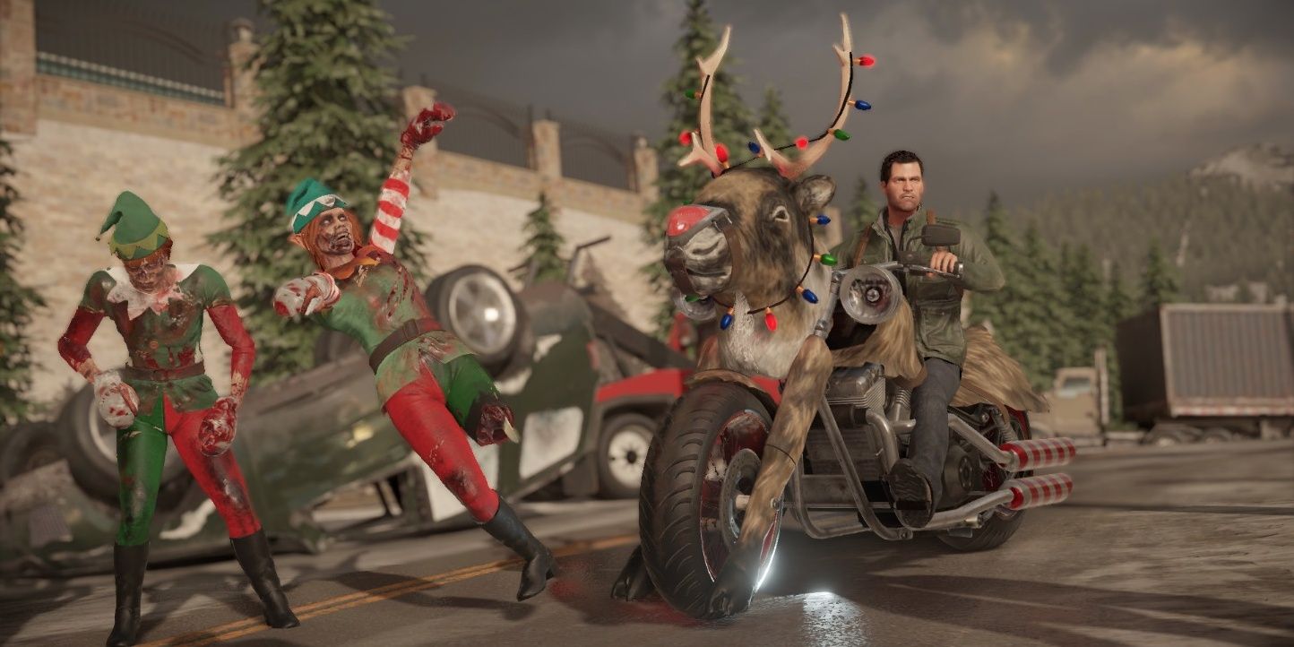 Frank West riding a reindeer-themed motorcycle over zombie elves