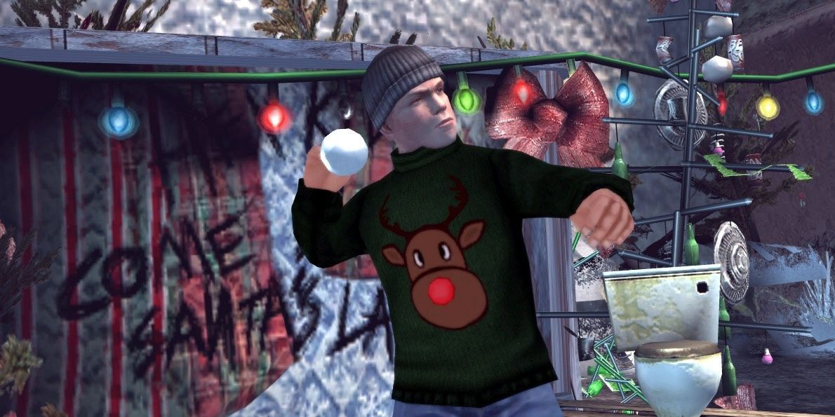 Jimmy Hopkins throwing a snowball wearing an ugly sweater in a homeless santa's setup