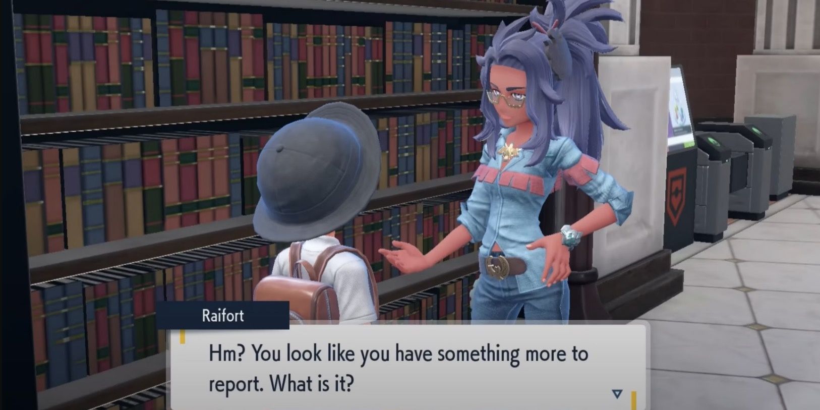 Raifort meeting the player at the Library in Pokemon Scarlet and Violet.