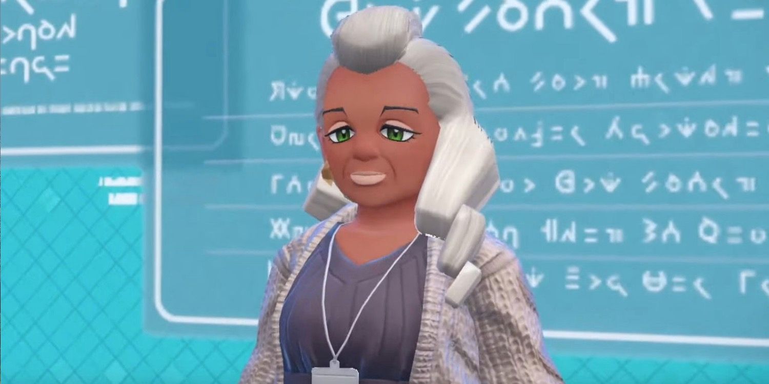Tyme in front of her teaching board in Pokemon Scarlet and Violet.