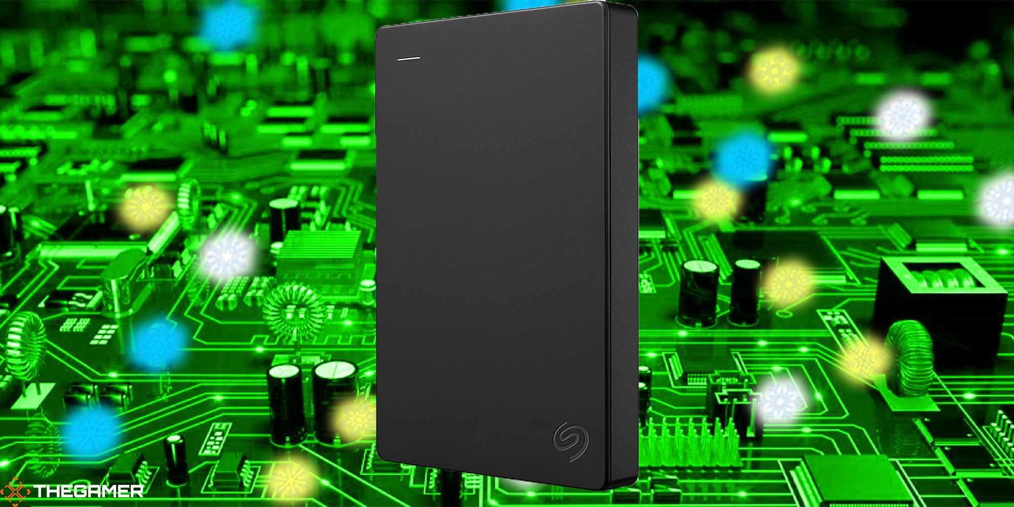 A Seagate 2TB SSD against a snowy, green tech background. Custom image for TG.