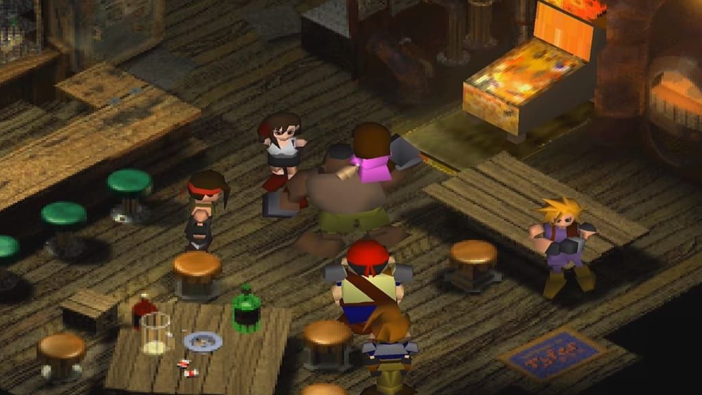 Overhead view of FF7 characters together in a bar