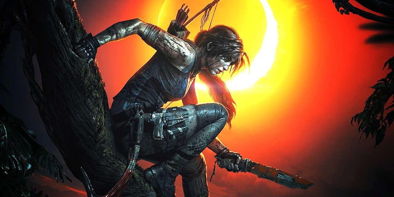 Shadow of the Tomb Raider cover art showing Lara Croft on a tree with her knife out