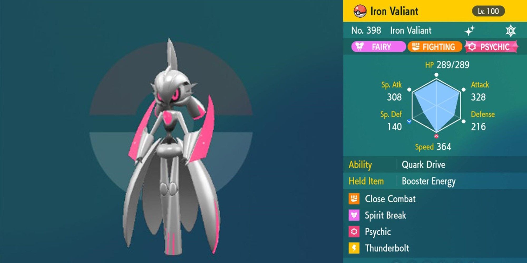 Shiny Iron Valiant summary in Pokemon Scarlet & Violet.