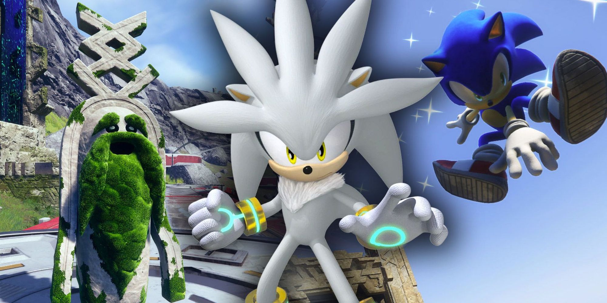 Silver the Hedgehog, a fluffy gray companion from Sonic 06, overlaid on footage from Sonic Frontiers.