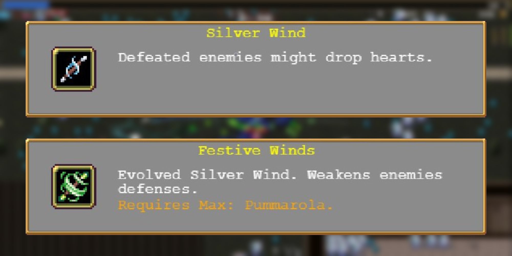 Information on the weapons Silver Wind and Festive Winds from Vampire Survivors.