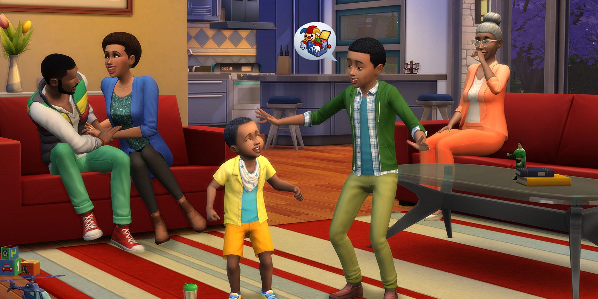 Sims 4 family with parents, a grandparent and two children. 