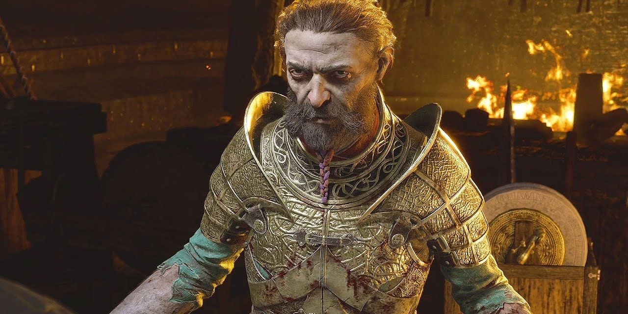 Sindri, with blood over his armor, in God of War Ragnarok