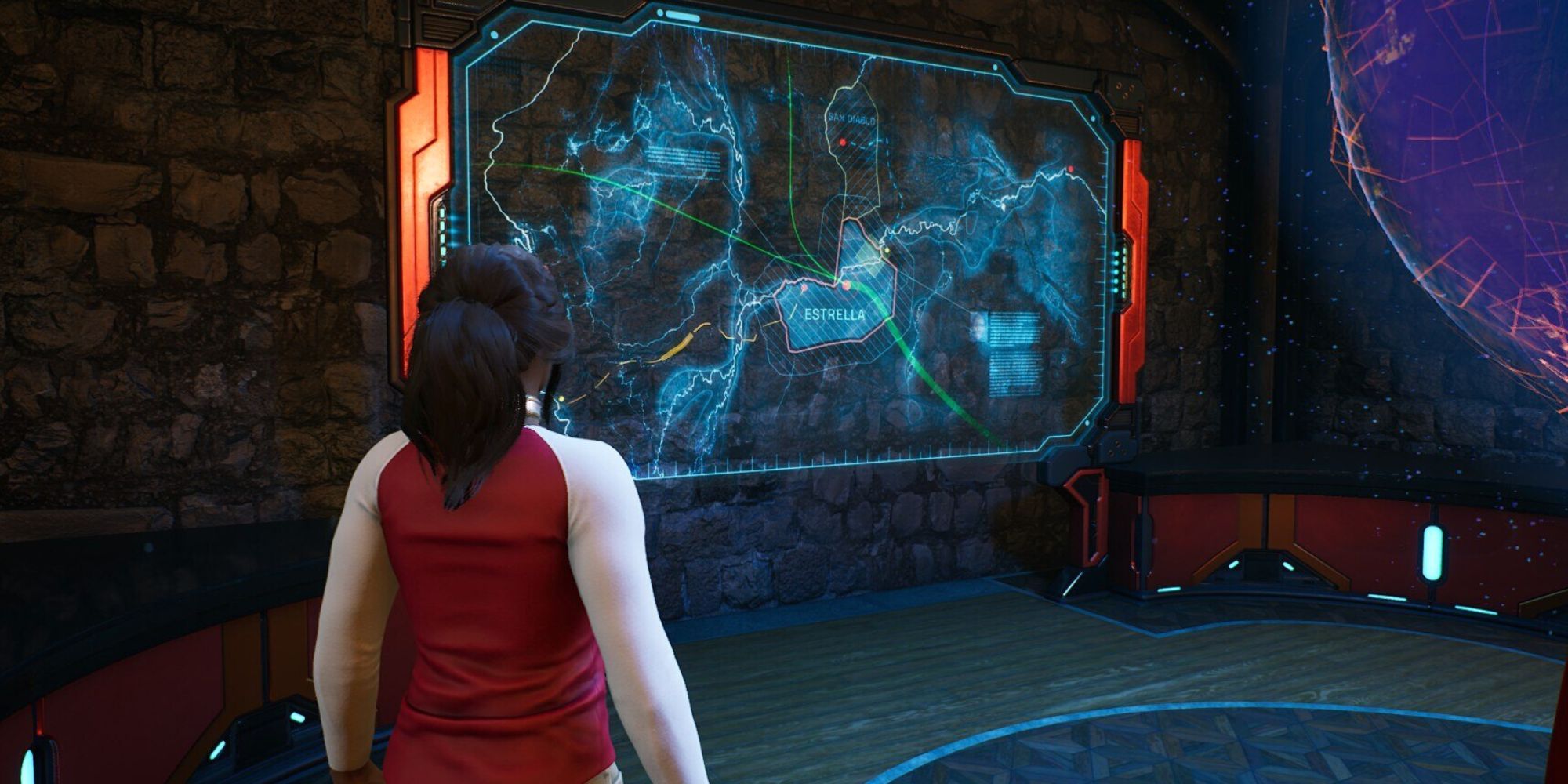 Hunter standing next to a holographic board showing important mission locations.